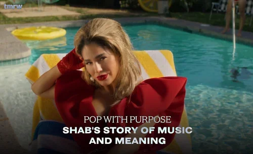 Young woman with blonde hair and red lipstick reclining on a poolside lounge chair, wearing a red outfit and headscarf, next to a swimming pool with a yellow float in the background.