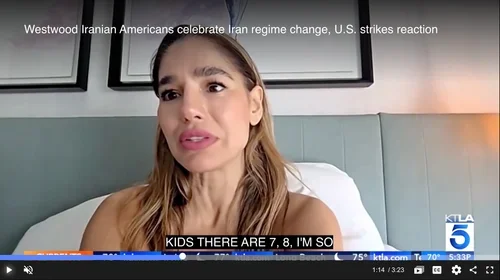A woman with long brown hair speaking during a news interview, with a caption at the bottom that reads: 'KIDS THERE ARE 7, 8, I'M SO'.