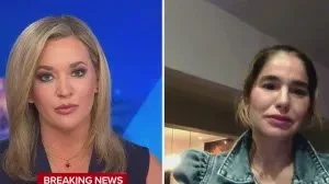 Split-screen image of two women, one on the left with blonde hair in a news studio and the other on the right with dark hair indoors.