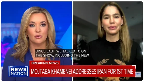 Split-screen television news broadcast with a blonde female news anchor on the left and a young woman on the right, both speaking during a news segment.