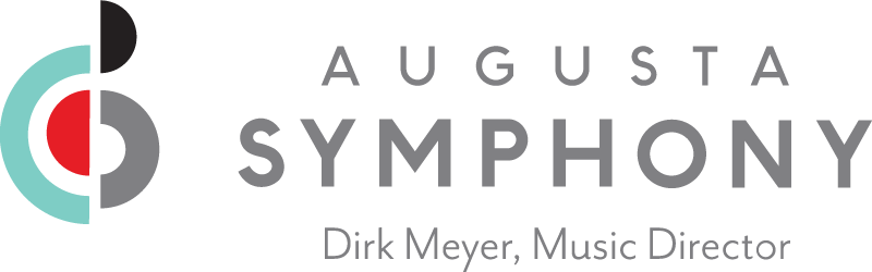 Logo for Augusta Symphony featuring a stylized musical note and the text "Augusta Symphony" with Dirik Meyer, Music Director