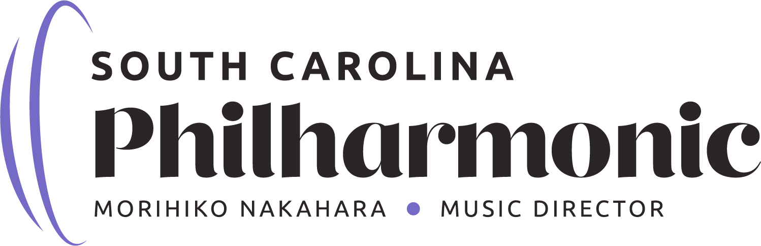 Logo for the South Carolina Philharmonic, with black text and purple design elements, includes Morihiko Nakahara's name and title as music director.