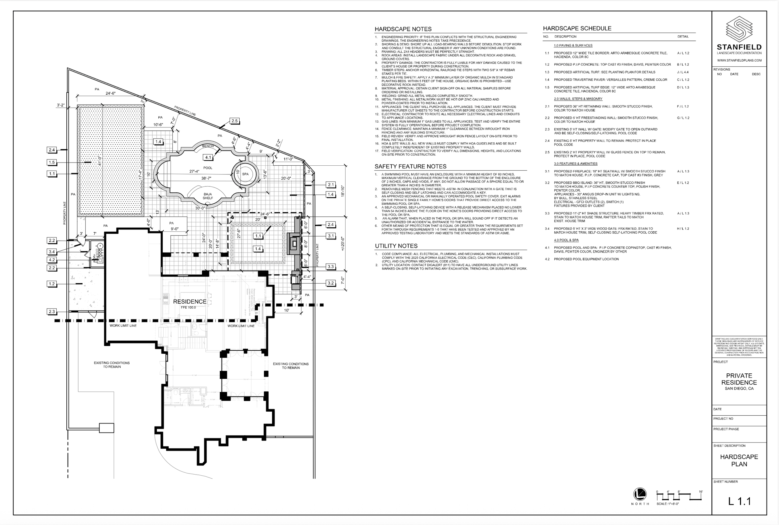 A detailed architectural blueprint of a residential landscape project, including notes, specifications, and measurements for the layout of a pool, spa, and surrounding landscape features.