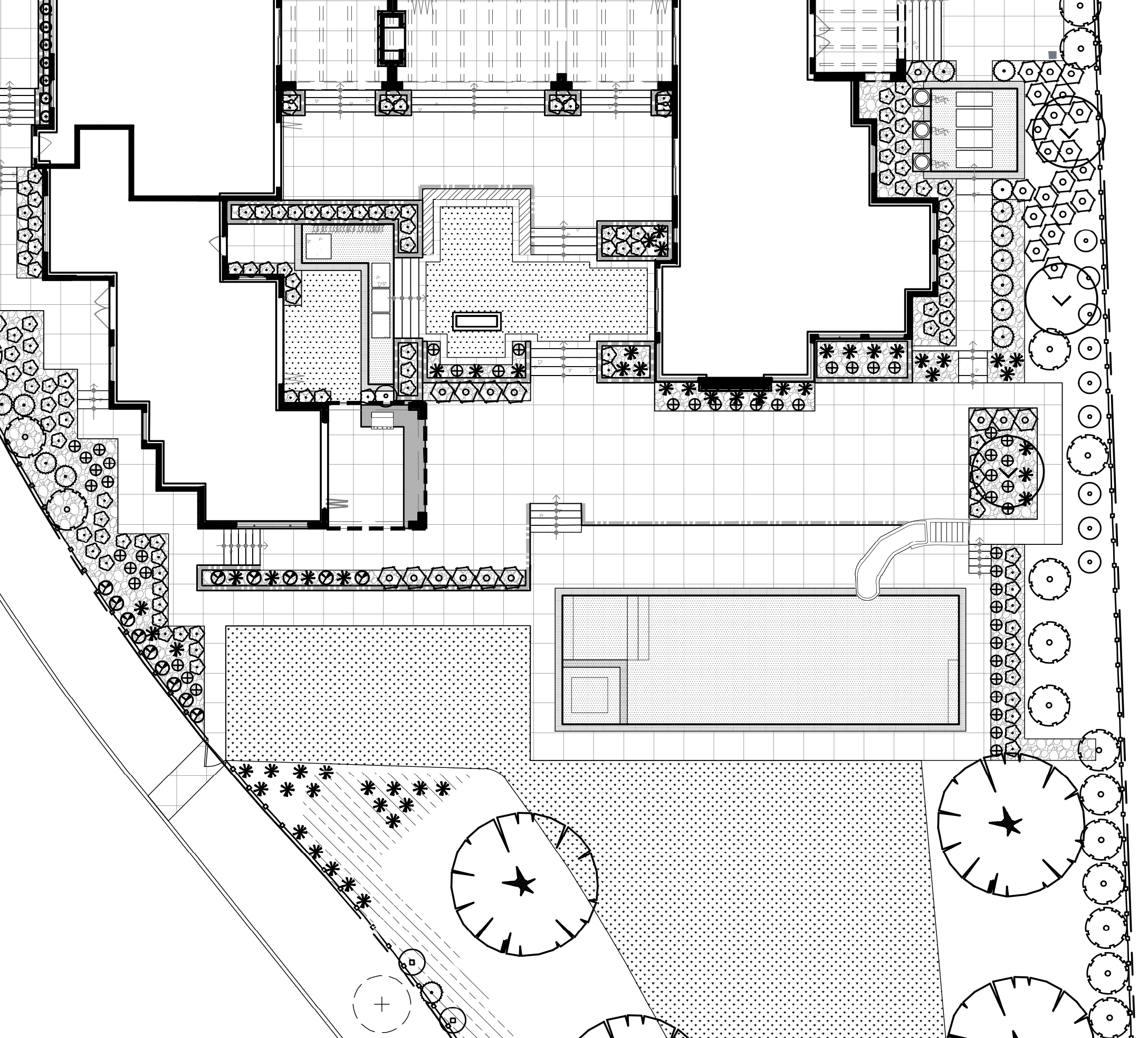 A detailed architectural blueprint of an outdoor landscape and building layout, including gardens, pathways, and structural elements.