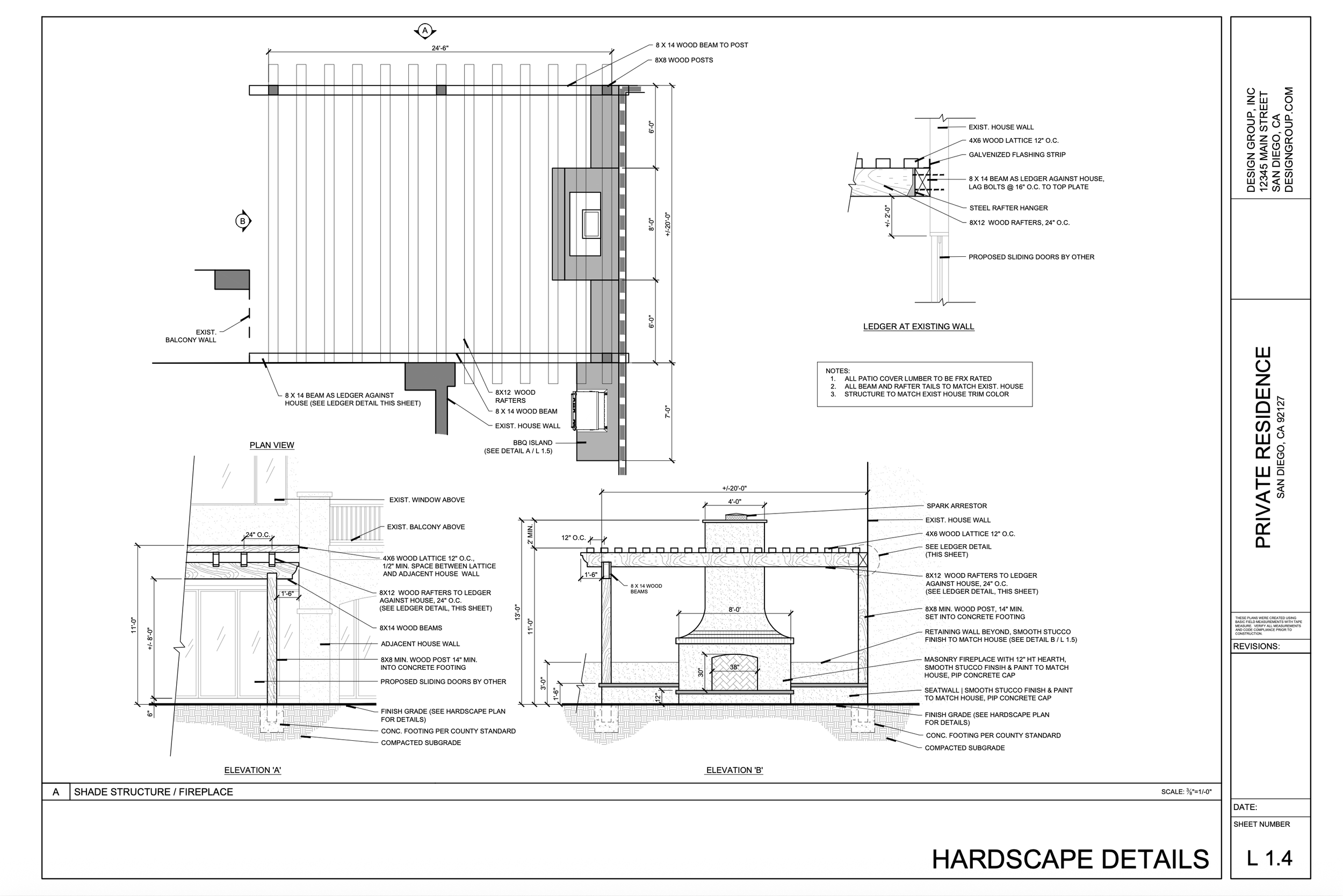 Architectural blueprint for a shade structure and fireplace, showing detailed measurements and construction notes.
