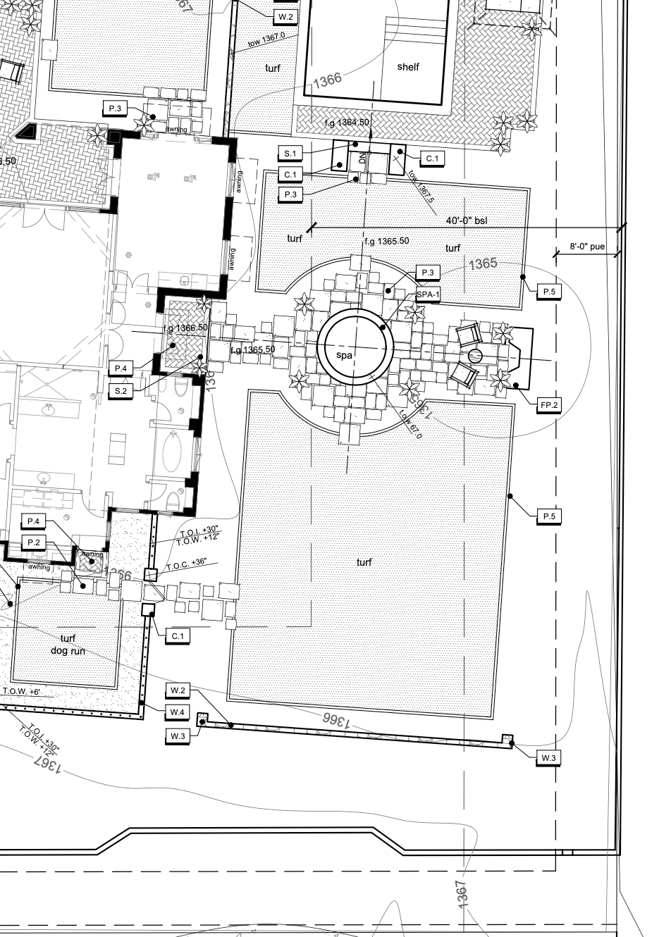Architectural site plan showing layout of outdoor areas including turf, a spa, seating area, pathways, and surrounding structures.