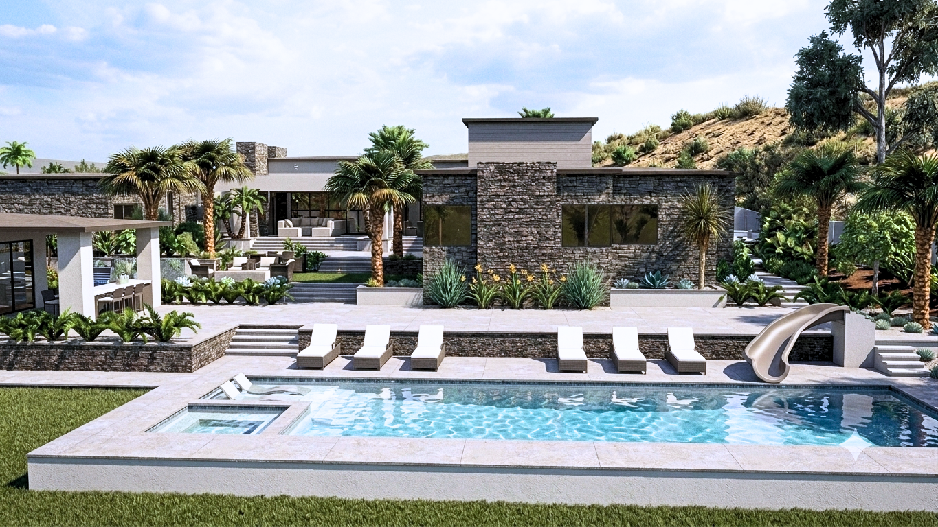 Luxury backyard with swimming pool, hot tub, lounge chairs, water slide, and modern house with stone exterior surrounded by desert landscaping and palm trees.