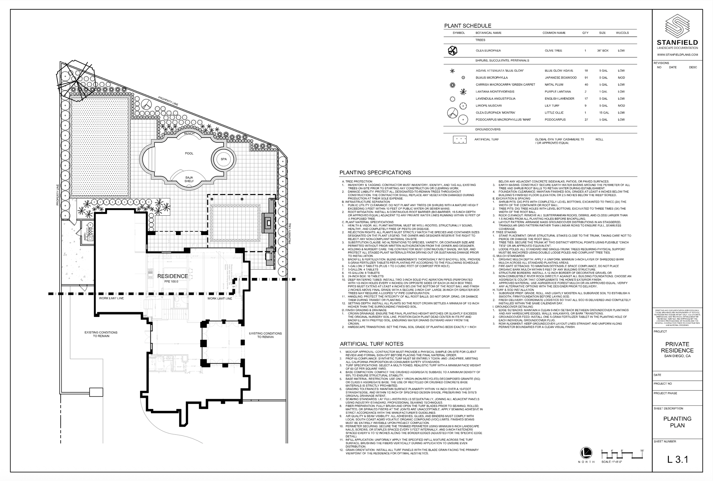 Architectural landscape design plan for a private residence in San Diego, California. The plan includes a pool, spa, benches, trees, shrubs, groundcovers, artificial turf, property lines, existing conditions, and planting specifications.