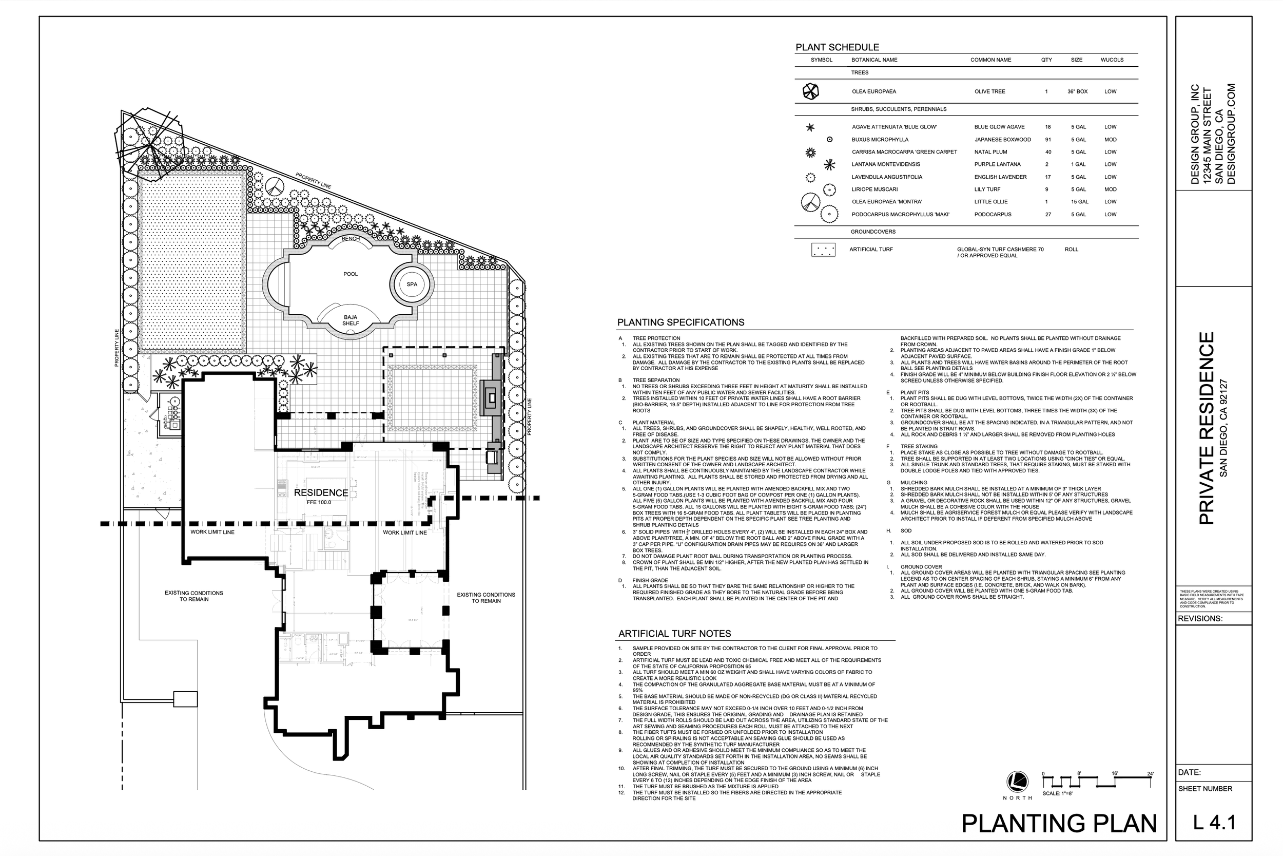 Architectural plan of a property featuring a swimming pool, spa, Baja shelf, and extensive landscaping, including trees, shrubs, artificial turf, and ground covers, with detailed planting specifications and a property boundary.