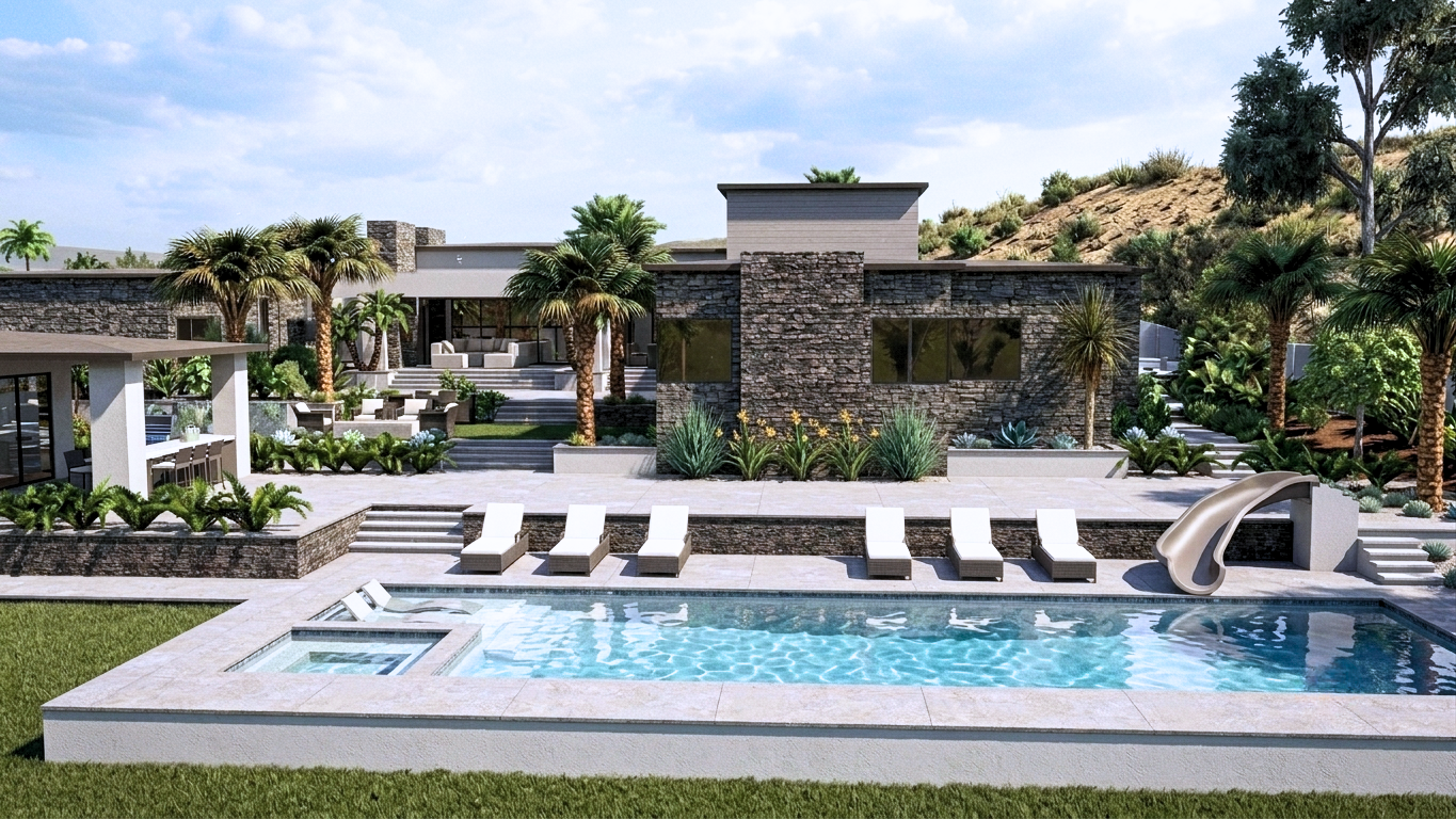 Modern backyard with a swimming pool, hot tub, lounge chairs, stone patio, and lush tropical plants and palm trees.