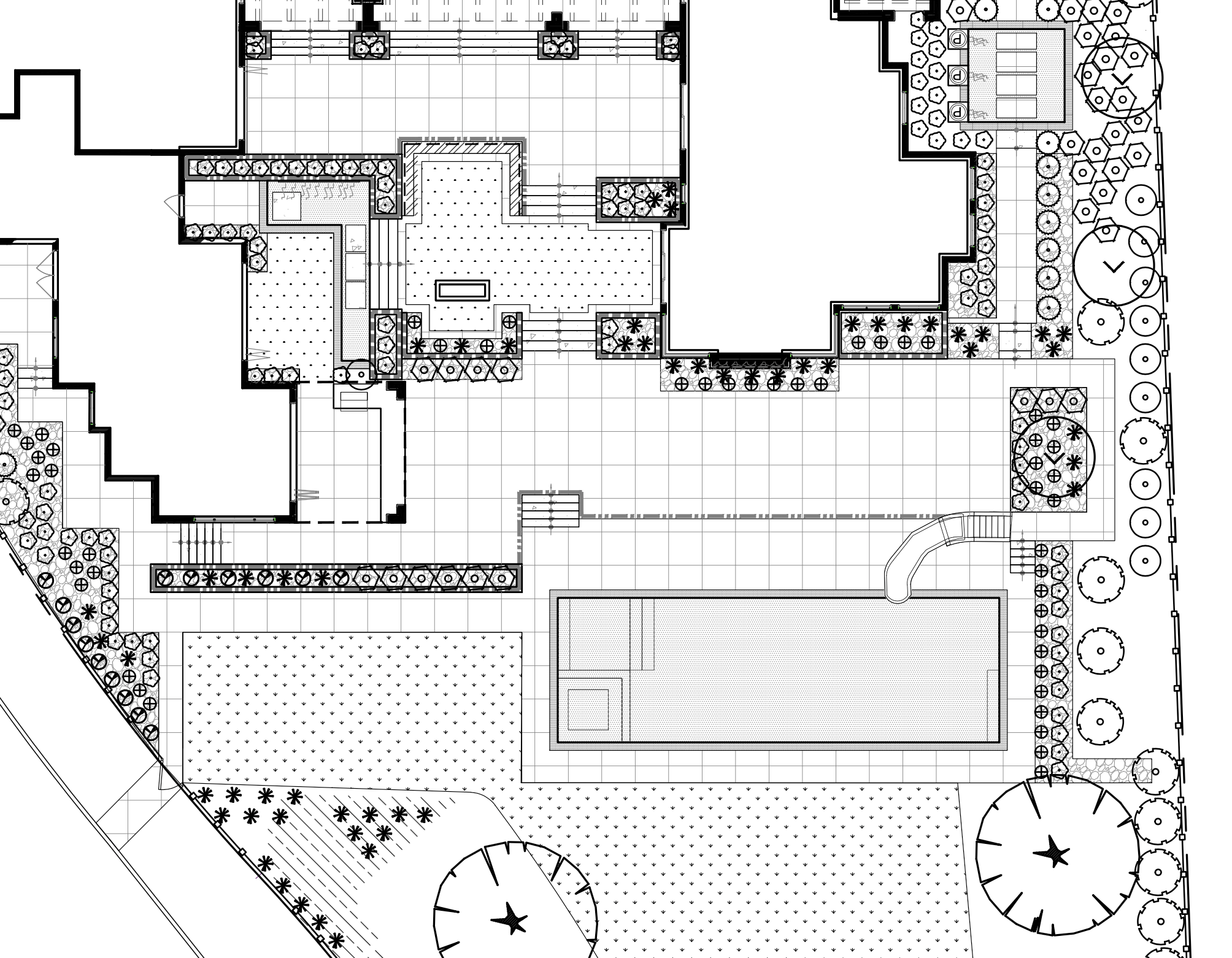 Architectural blueprint of an outdoor space with landscaped areas, pathways, and a tennis court.