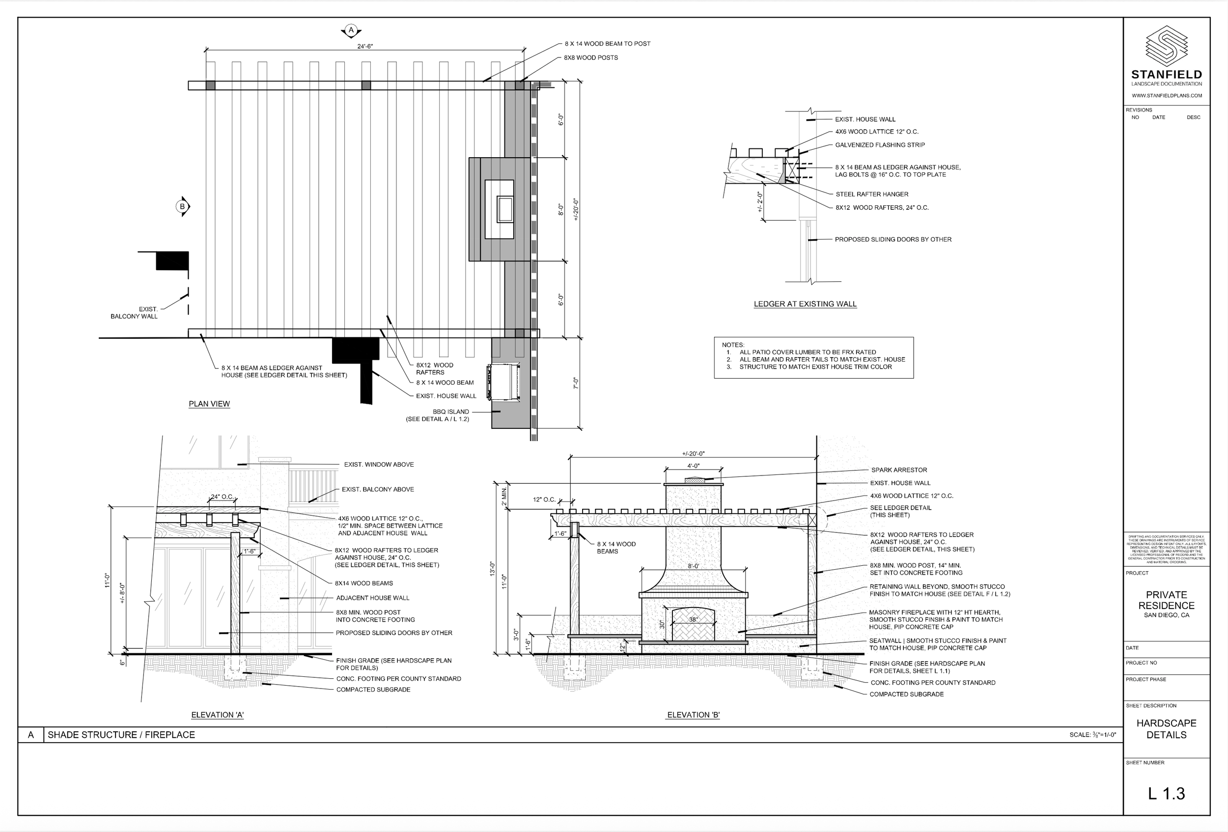 Architectural blueprint detailing a landscape design with specifications for a patio cover, fireplace, and hardscape elements, including measurements and construction notes.