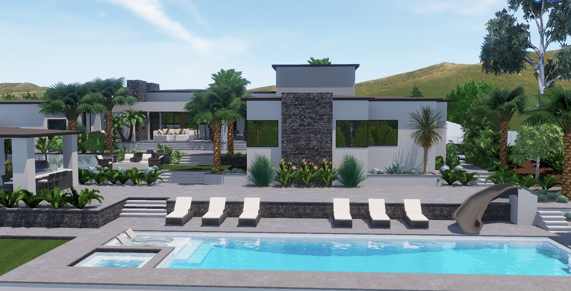 Modern backyard with a swimming pool, lounge chairs, palm trees, and a contemporary house with large windows and stone accents, surrounded by lush greenery and hills in the background.