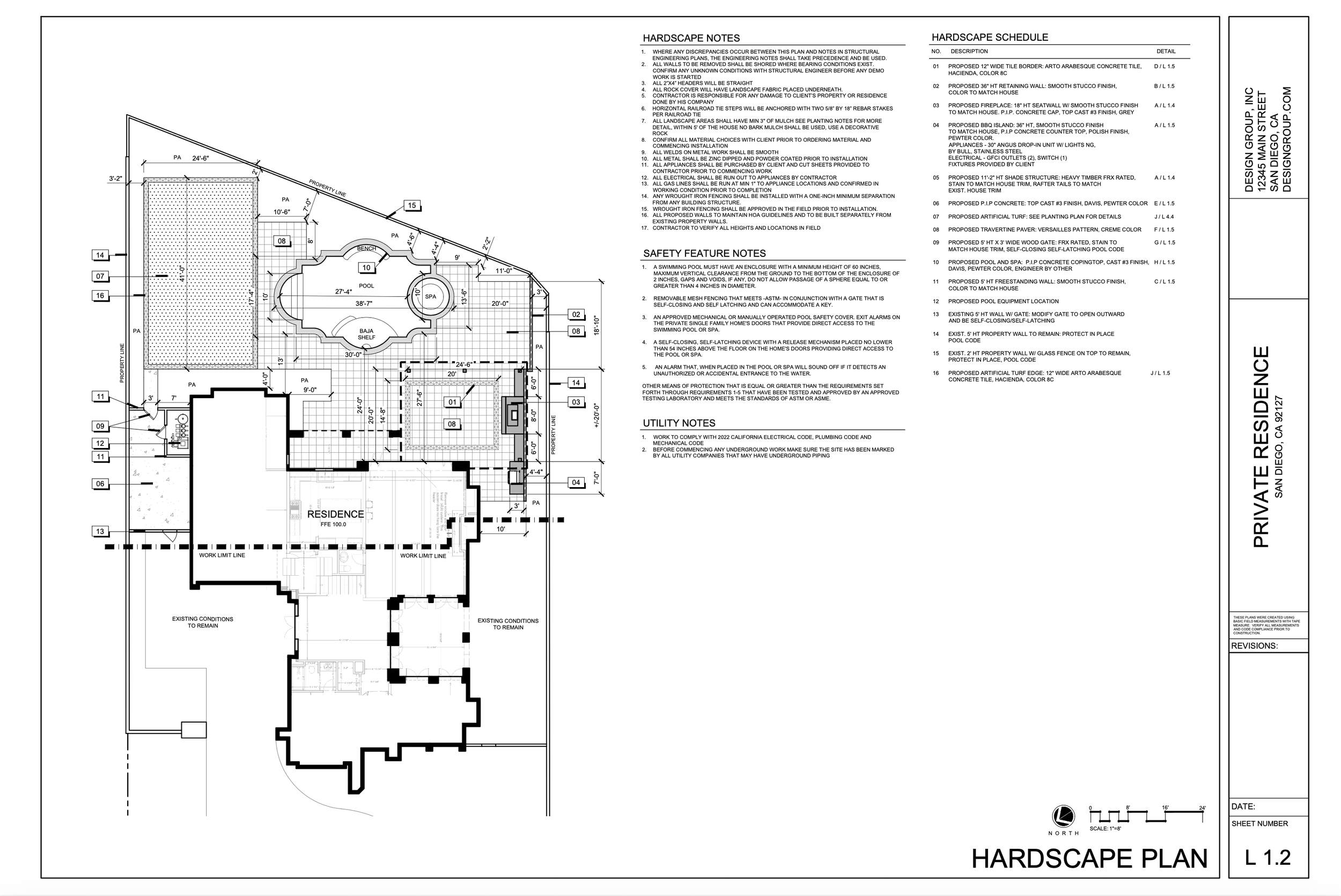 Architectural blueprint of a residence's landscape plan, including pool, spa, and surrounding features with detailed notes and specifications.