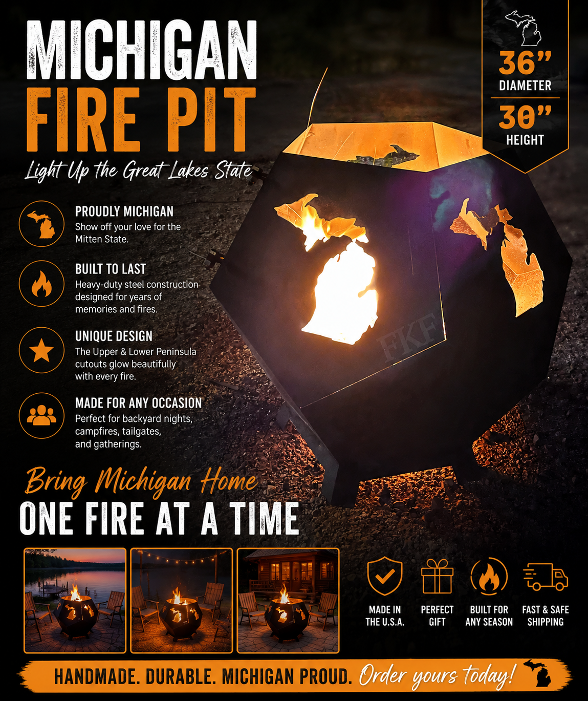Michigan Themed Steel Fire Pit - Handmade Outdoor Fire Bowl