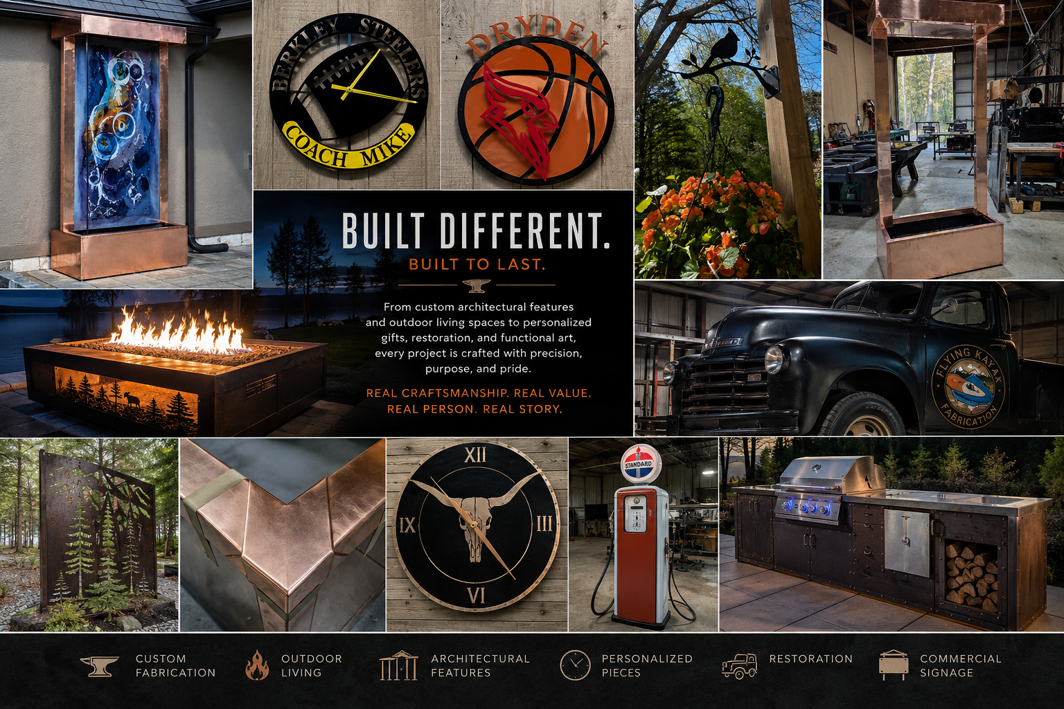 A collage of custom craftsmanship, outdoor living, architectural features, personalized pieces, restoration, and commercial signage. Includes outdoor fire pits, wall art, clocks, a vintage vehicle with logo, and various handcrafted metal and wood features.