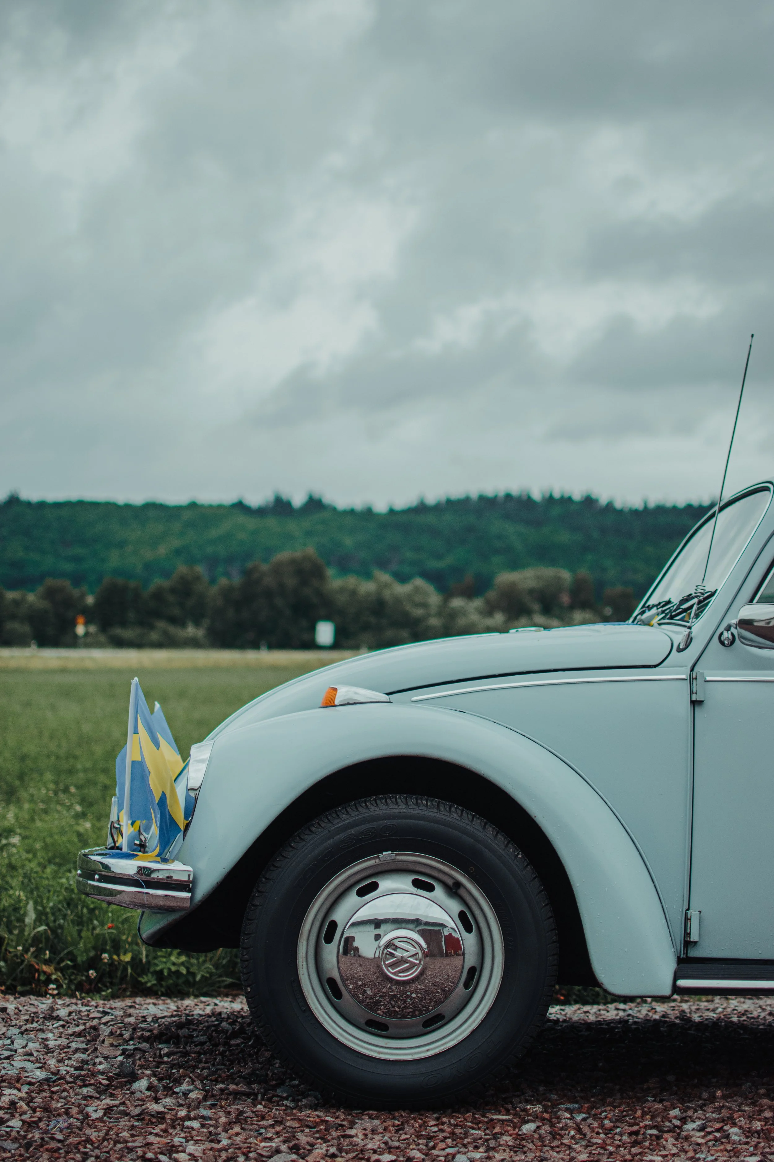 En ljusblå Volkswagen Bagge bil med flaggor vid framhjulet, parkerad på en grön gräsmatta med träd och ett molnigt himmel i bakgrunden.