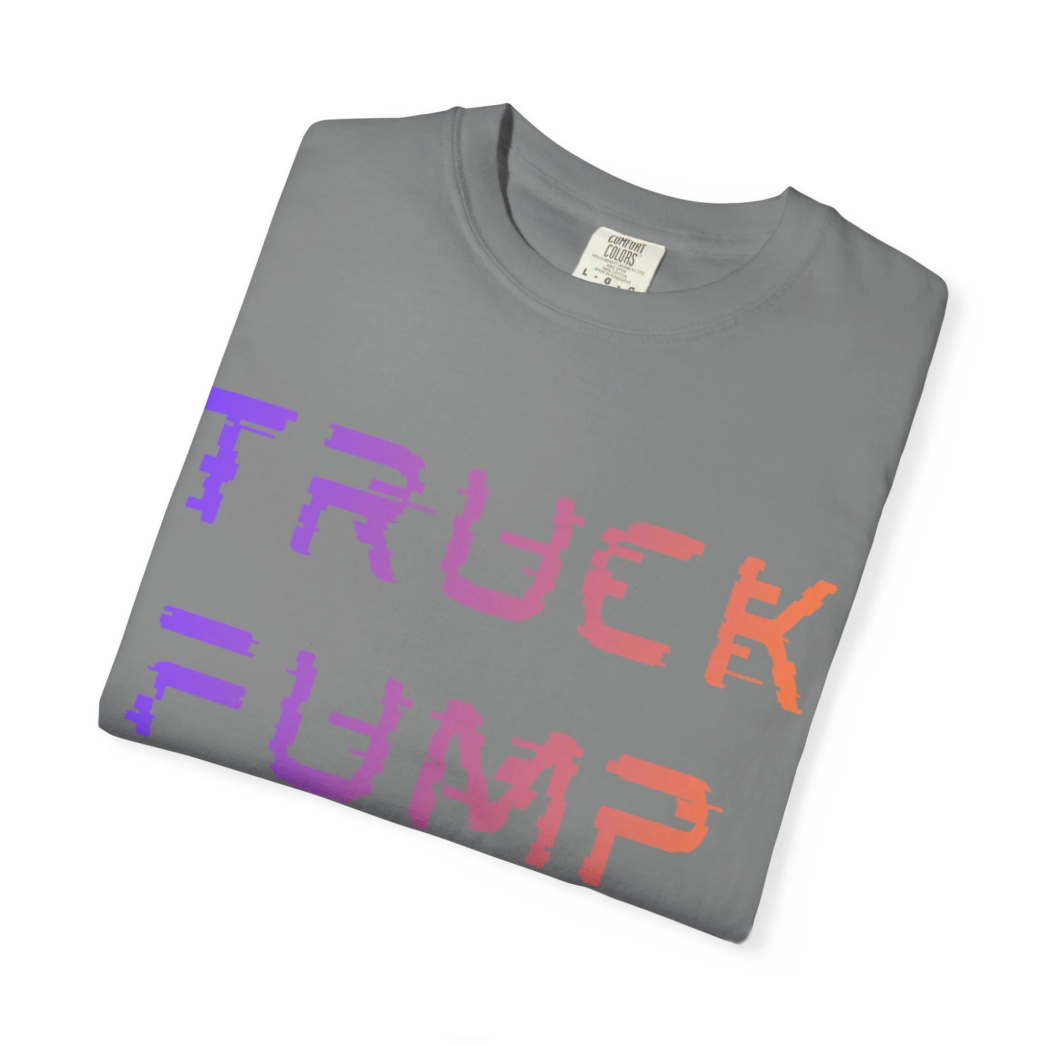 Gray T-shirt with a pixelated gradient text graphic.