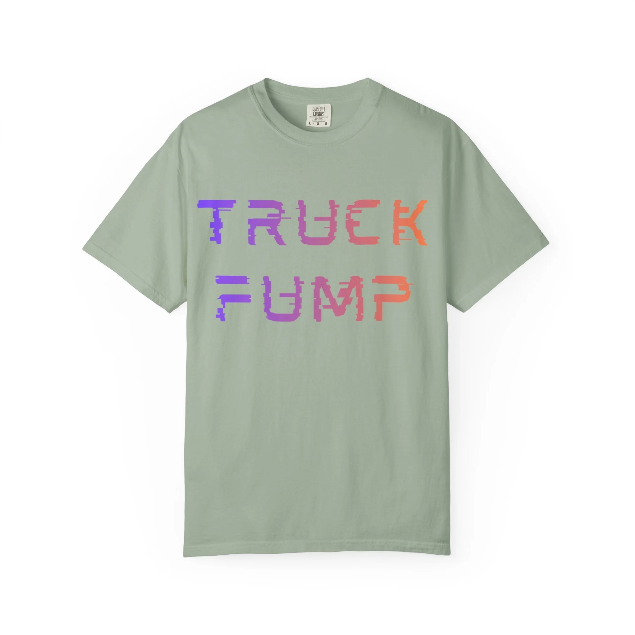 Gray T-shirt with the words "TRUCK FUMP" in colorful, glitch-style text.