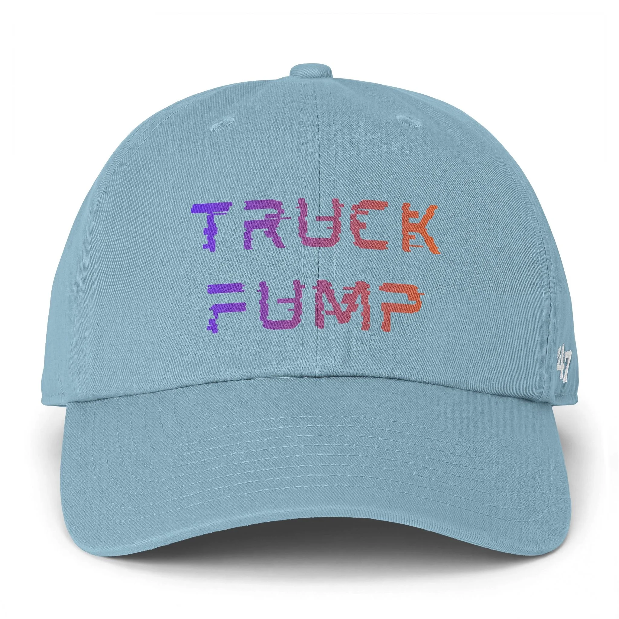 A blue baseball cap with a colorful embroidered text logo on the front, viewed from below and slightly to the side, showing the curved brim and top button.