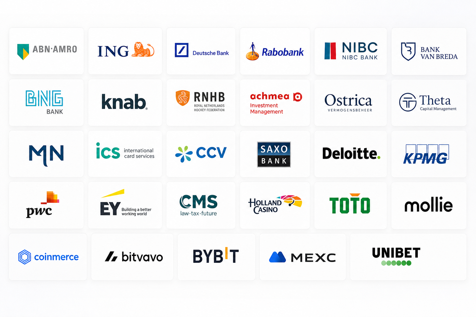 Logo's van verschillende banken, verzekerings- en financiële organisaties.