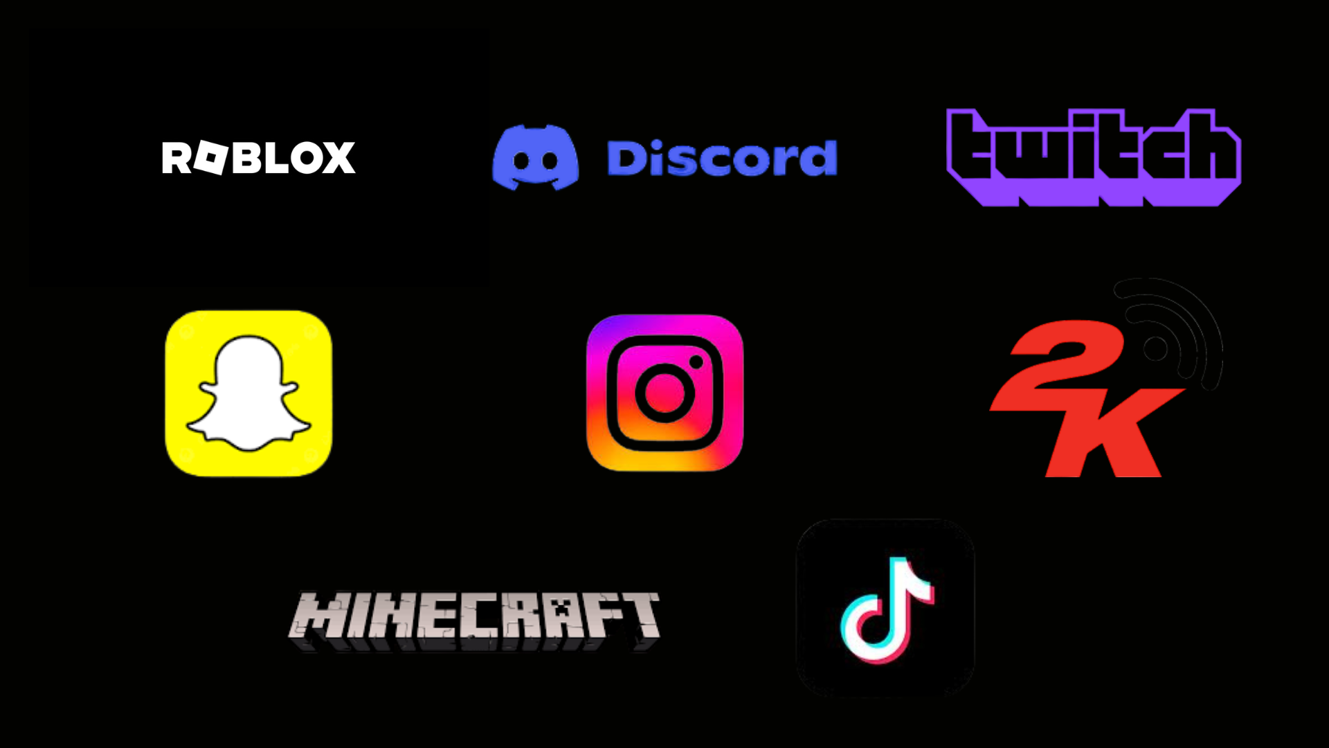 Image showing logos of gaming and social media platforms including Roblox, Discord, Twitch, Snapchat, Instagram, 2K, Minecraft, TikTok, and others on a black background.