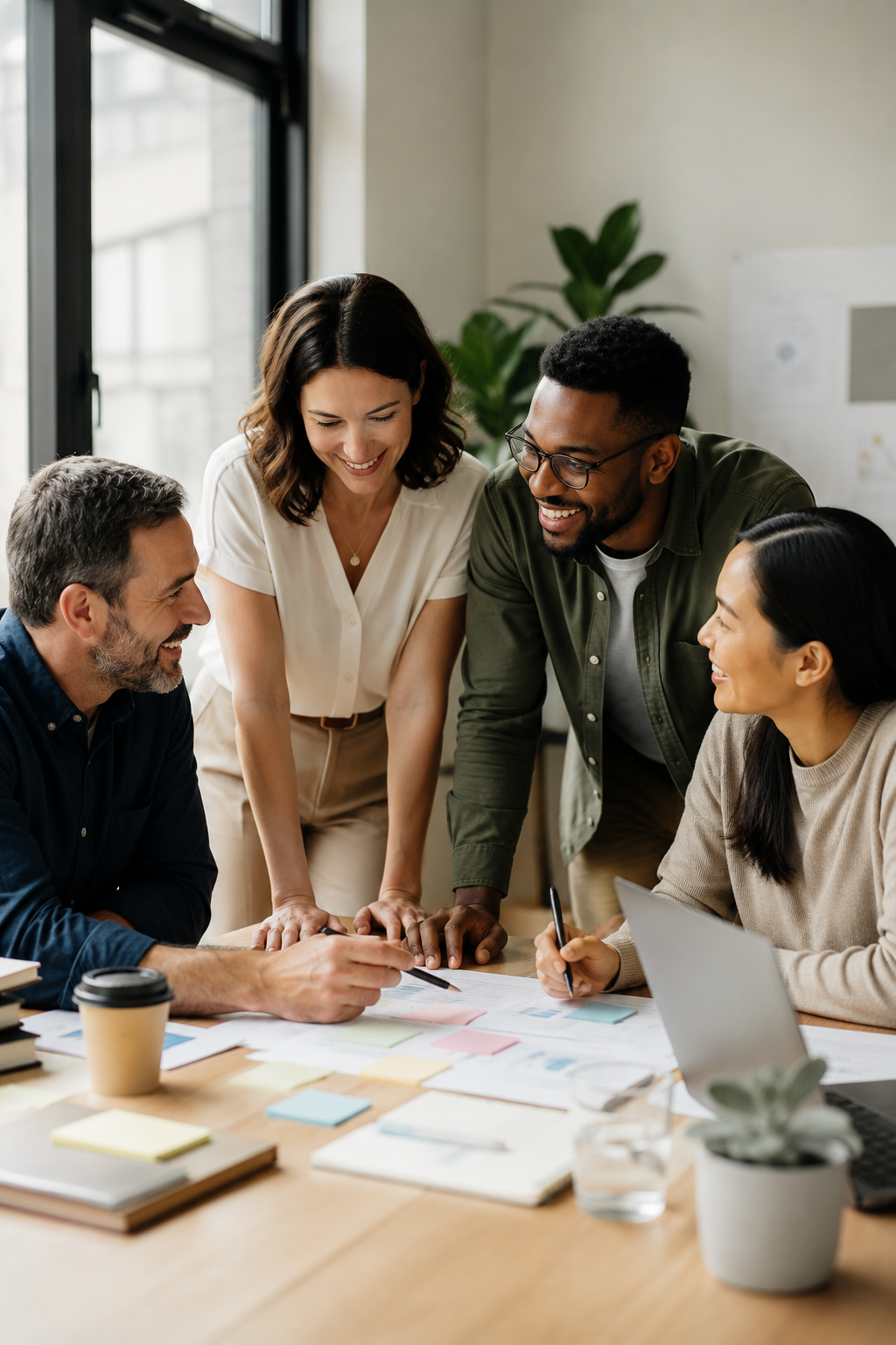 A diverse group of five people collaborating around a table with documents, laptops, sticky notes, and a coffee cup, smiling and engaging in a discussion in a bright office.