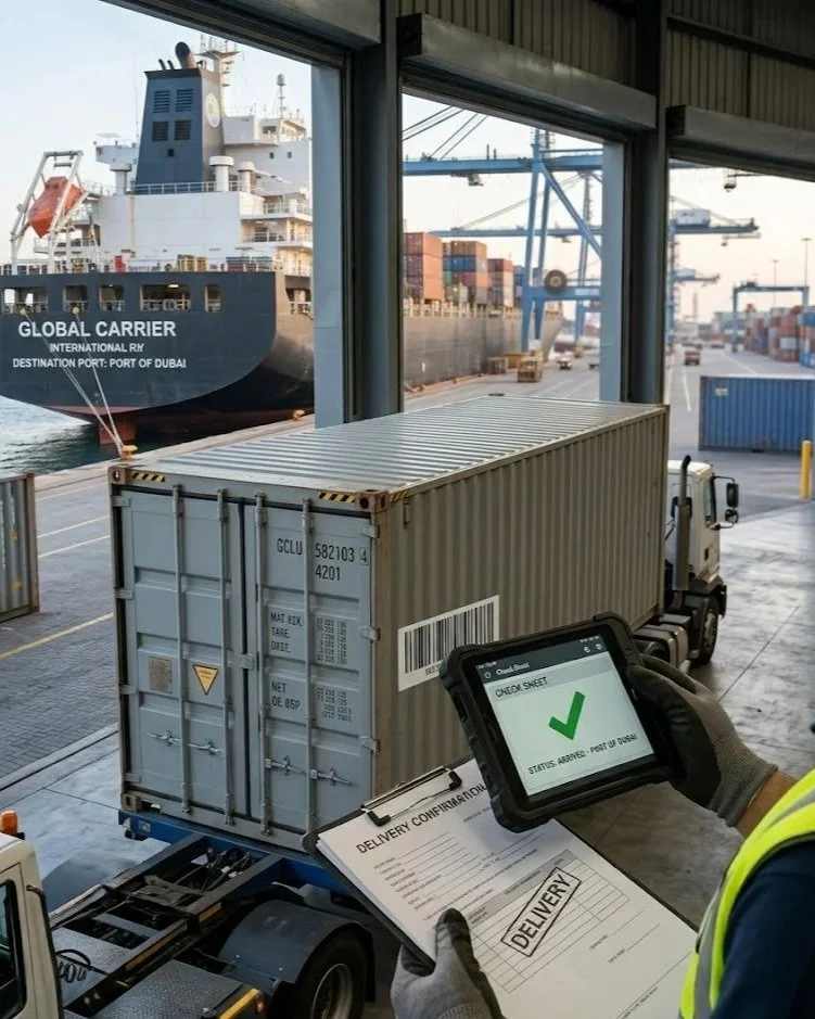 A cargo worker checks a digital device and a delivery form near a shipping container at a busy port, with a large cargo ship in the background.