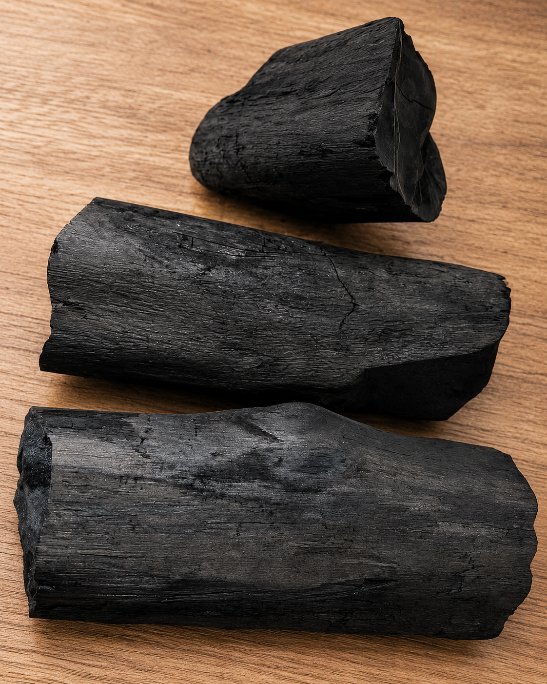 Three pieces of black charcoal arranged on a wooden surface.