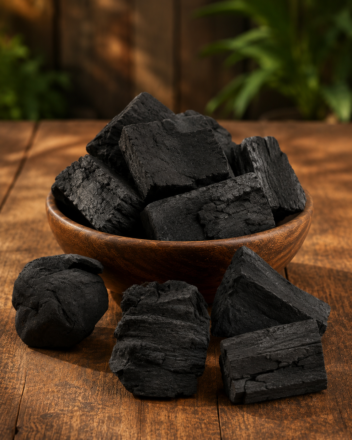 A wooden bowl filled with pieces of black charcoal on a wooden table with a blurred green leafy background.