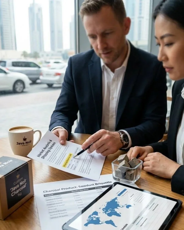 Two business professionals, a man and a woman, sitting at a wooden table in a modern office with large windows and city view, discussing documents and reports, with a cup of coffee and a bowl of charcoal briquettes on the table.