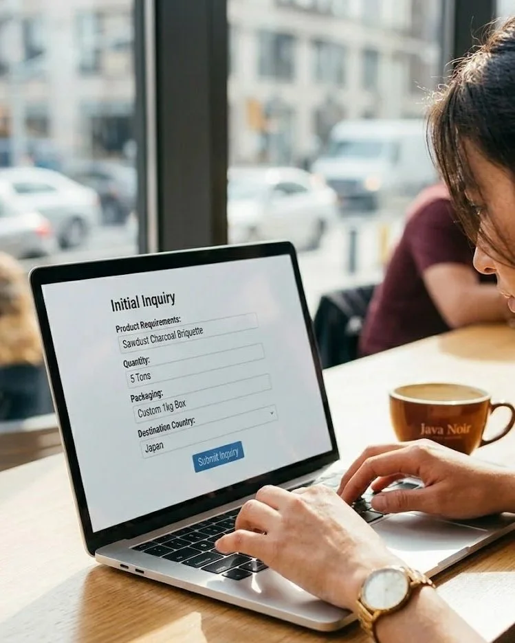 A person typing on a laptop at a wooden table, with a coffee mug nearby, in a bright cafe with a large window showing blurry city buildings outside.
