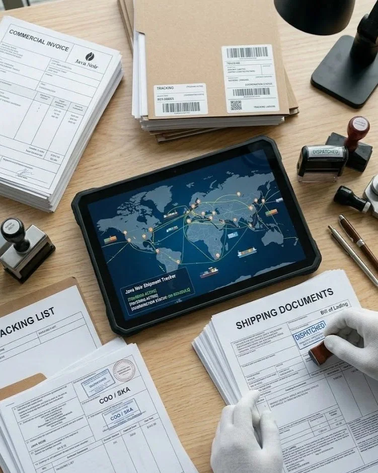 Desk with shipping and logistics documents, tablets displaying a world map of shipment routes, stamps, stamps, pens, and a stacked folder, indicating international shipping management.