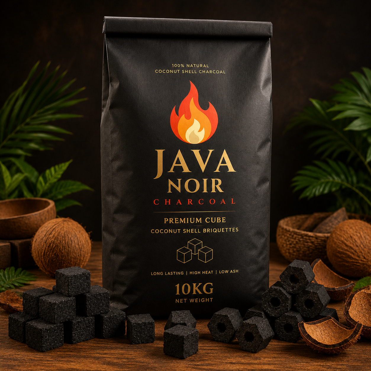 A black bag of Java Noir Charcoal coconut shell briquettes, with scattered briquettes and coconut shells around it, on a wooden surface flanked by green plant leaves.
