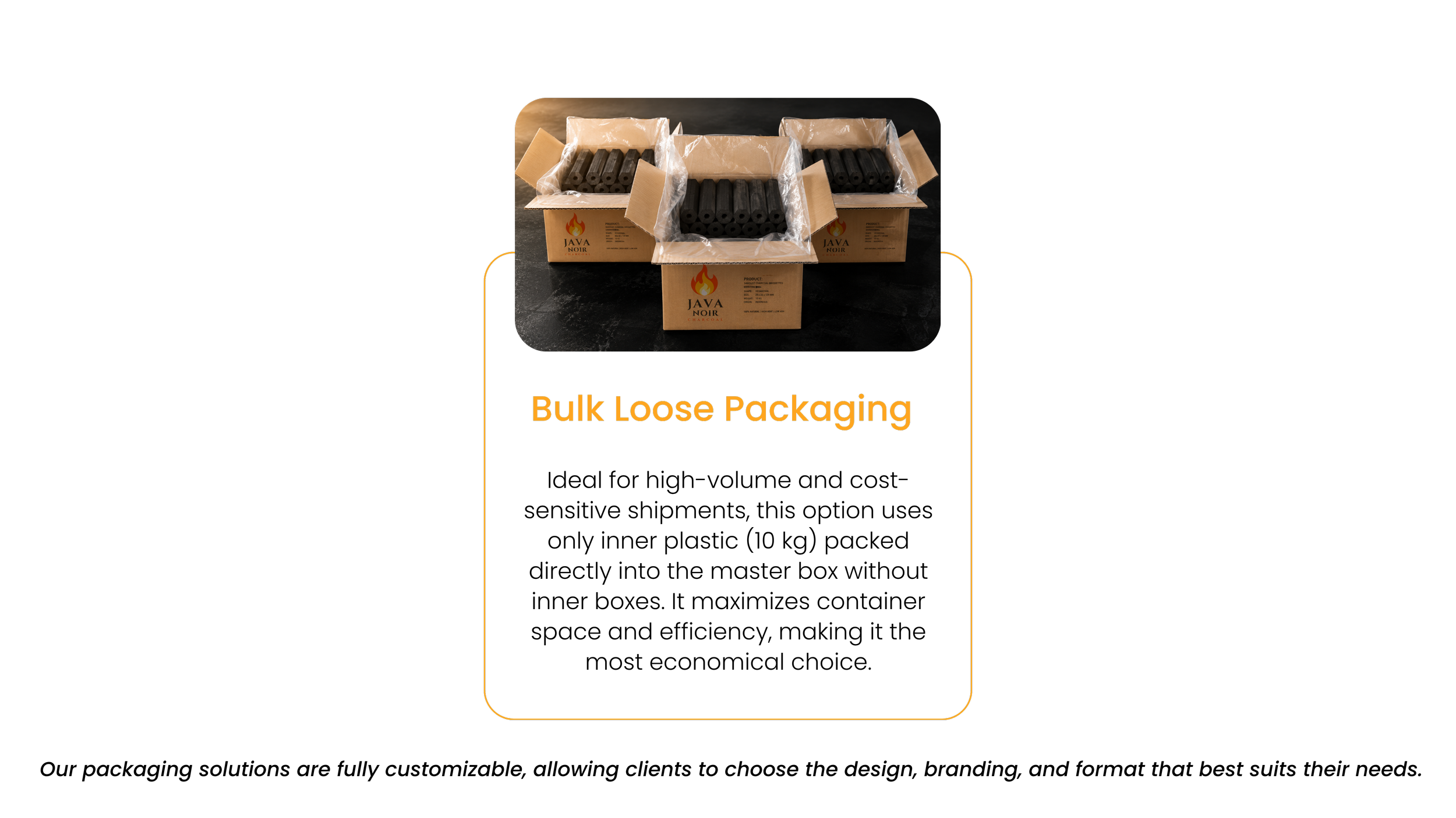 Boxes of black firework tubes labeled Java Noir with plastic wrapping and open flaps on a black surface, with the text 'Bulk Loose Packaging' at the bottom.