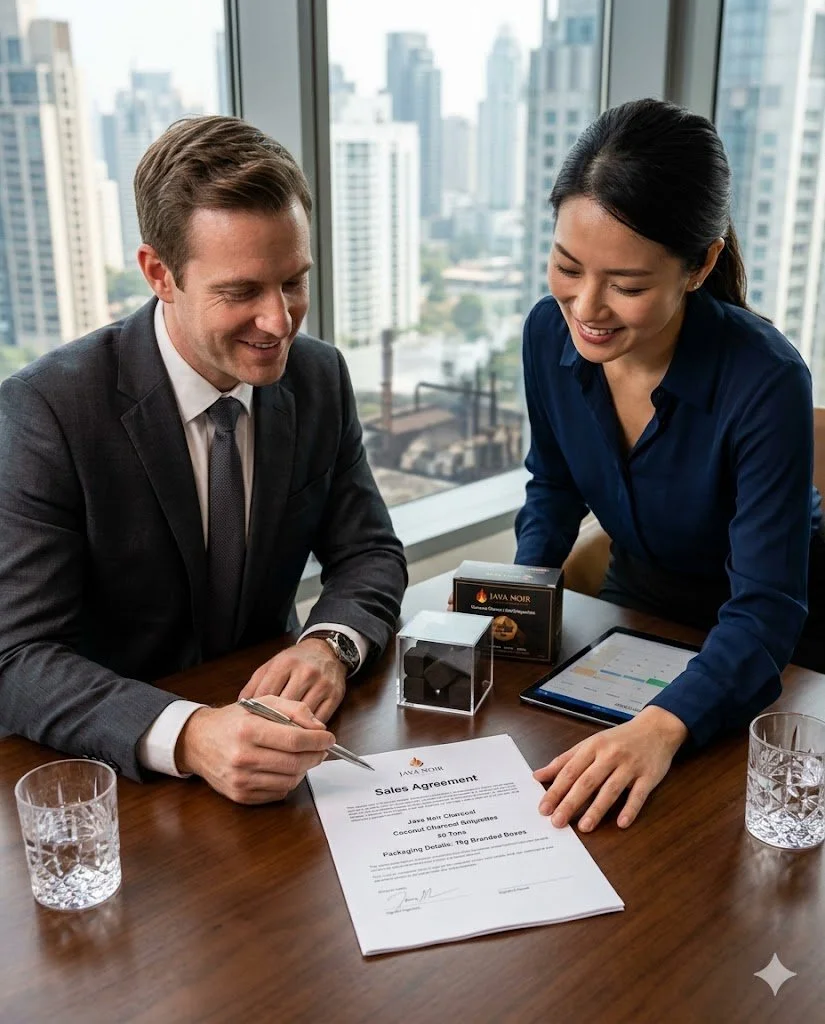 Two professionals, a man in a suit and a woman in a blue shirt, are sitting at a table with a cityscape view behind them. They are smiling and reviewing a sales agreement document together, with the man holding a pen, and the woman pointing at the document. There are two glasses of water, a box of coffee, a tablet, and a small box on the table.