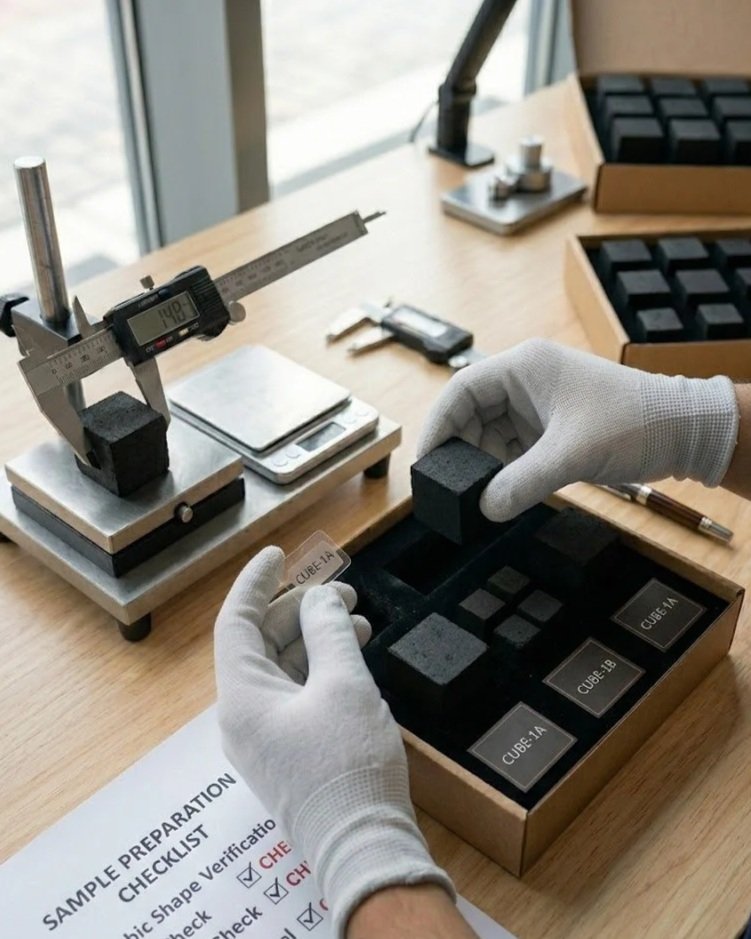 Hands wearing white gloves handling small black cubic samples in a wooden box, with a digital caliper measuring a sample, a weight scale, and other scientific equipment on a wooden table near a window.