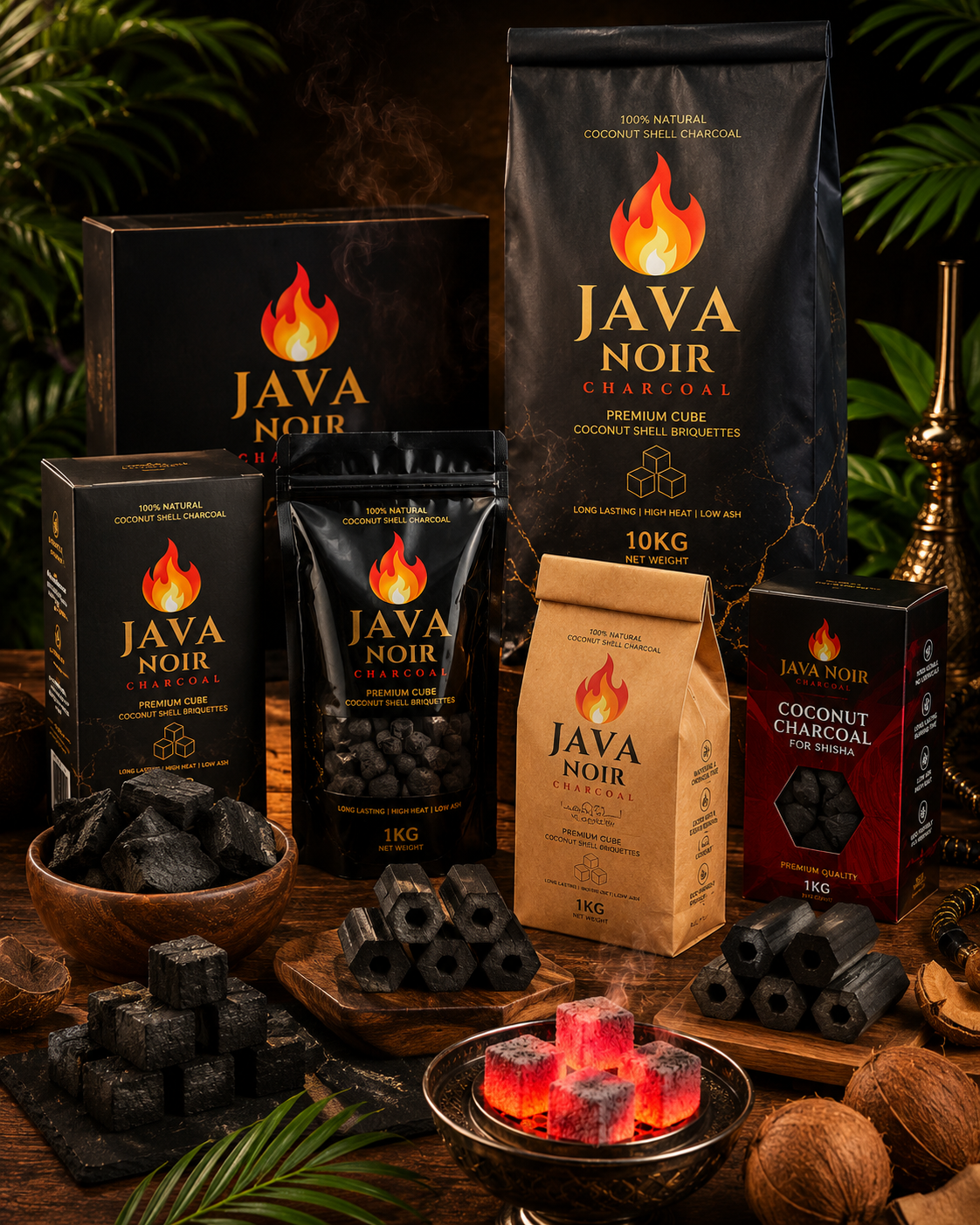 Various packages of Java Noir charcoal, including coconut shell briquettes and cubes, displayed on a wooden table with black charcoal blocks, a bowl of charcoal pieces, and glowing red charcoal briquettes, surrounded by tropical leaves and a decorative brass item.