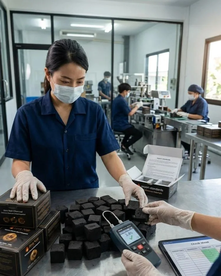 A woman wearing a mask and gloves working in a laboratory with black blocks on a table, using a device to test the blocks; more workers are visible in the background.