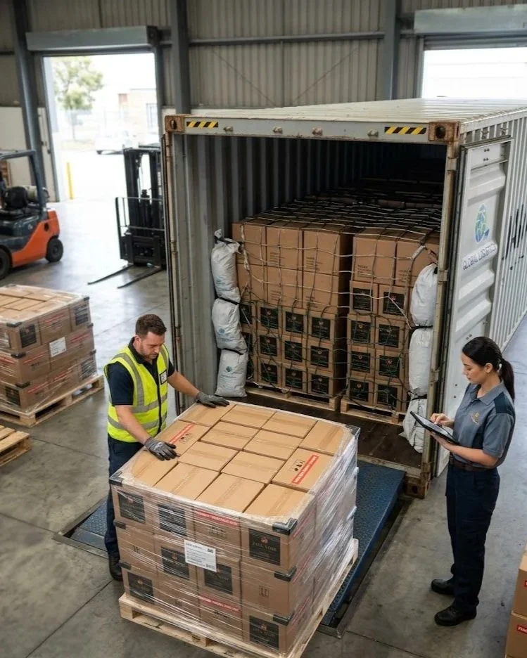 Two workers package boxes of supplies. One worker is placing a pallet of boxed items wrapped in plastic, and another worker is taking notes on a tablet. A large shipping container with more boxes and bags inside is nearby.