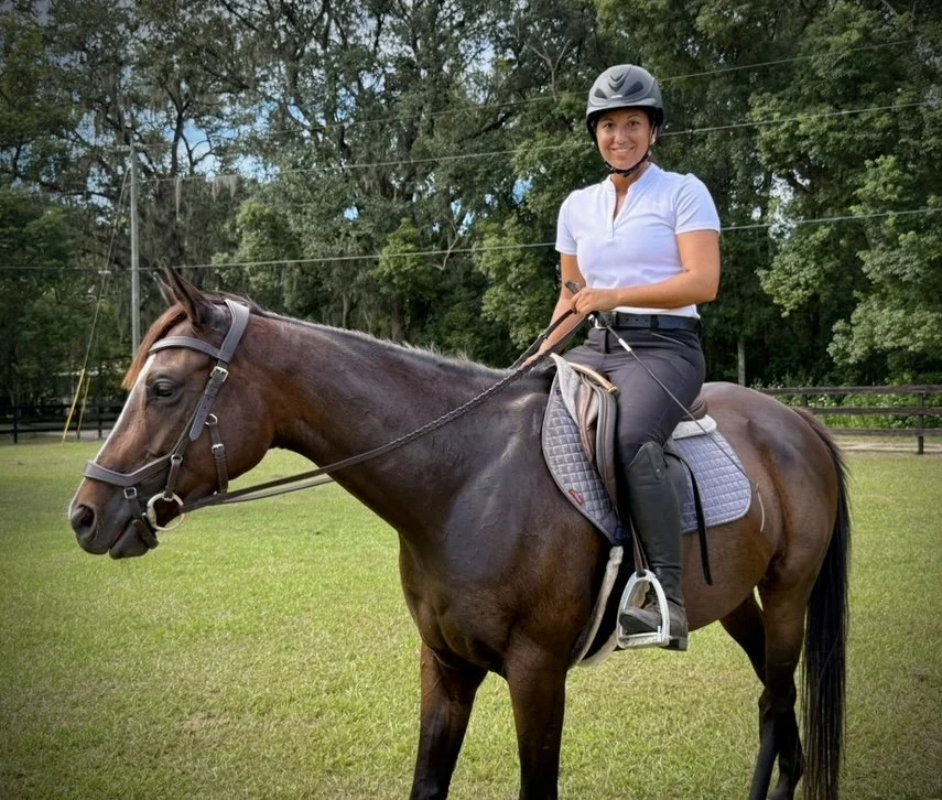 LHS Equine trainer and rider in outdoor arena offering horse riding lessons, training, boarding, and rider development in Central Virginia