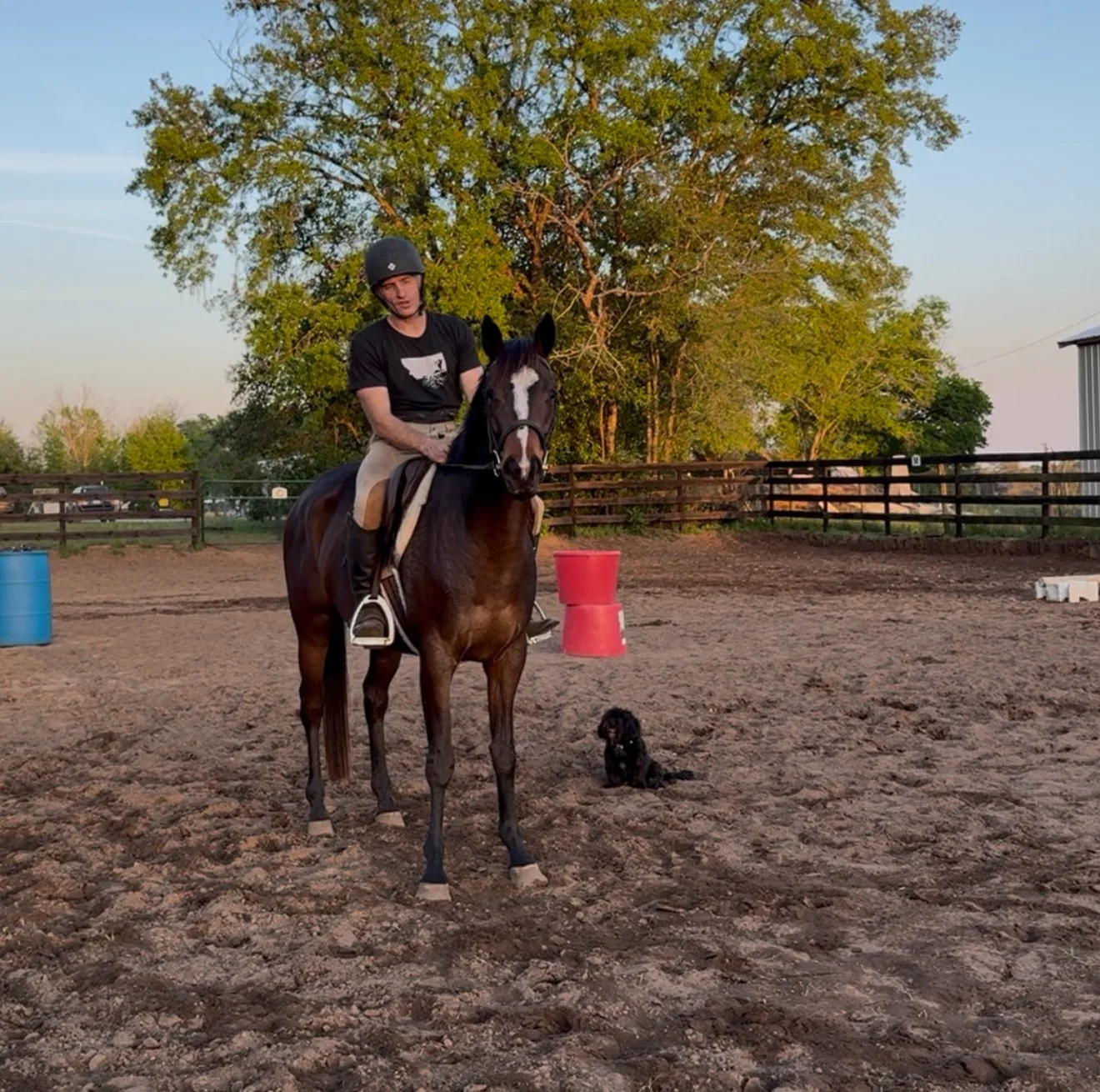 Luke at LHS Equine riding a horse in an outdoor arena during a riding lesson in Central Virginia focused on horse training, rider development, and equestrian instruction