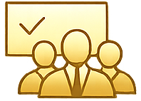 Three businesspeople in front of a checkmark on a presentation board.