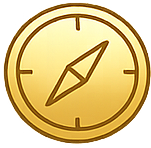 A gold-colored compass with a pointing needle
