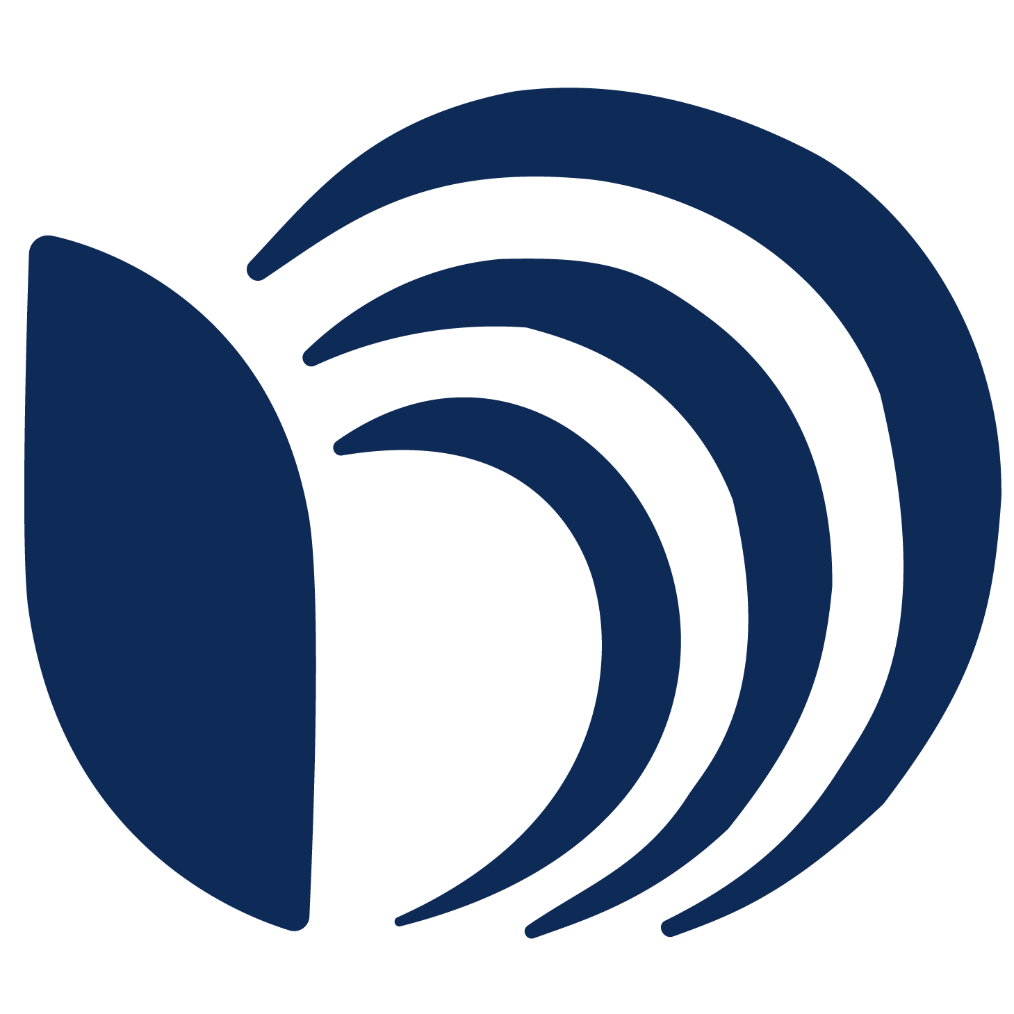 Dark blue wireless signal symbol with curved lines and a solid shape on the left side.