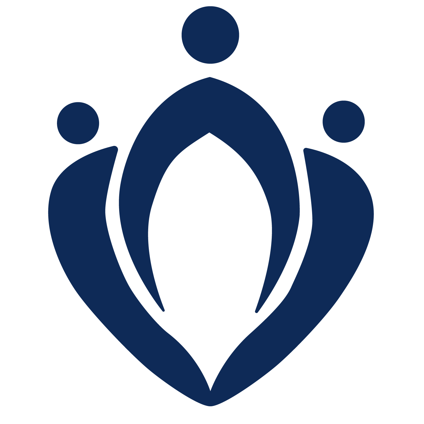 A dark blue icon of three people connected by curved lines, symbolizing community or teamwork.
