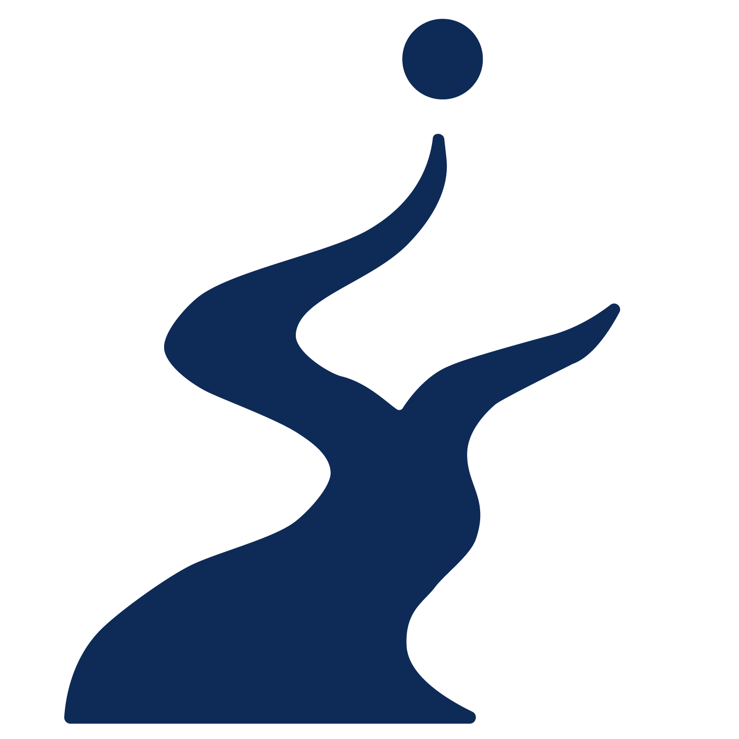 A dark blue silhouette of a hand holding a small circle above the palm.