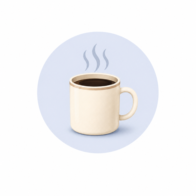 A beige ceramic mug filled with hot coffee, with steam rising from it, on a light blue background.