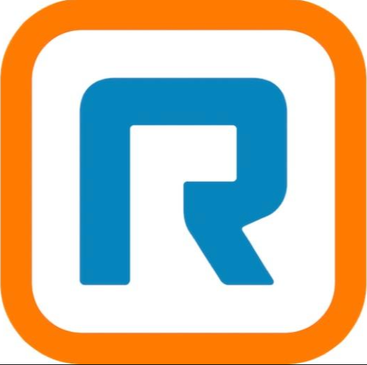A blue stylized letter R inside a white square with rounded corners, bordered in orange.