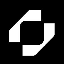 Abstract geometric logo with four white shapes on a black background.